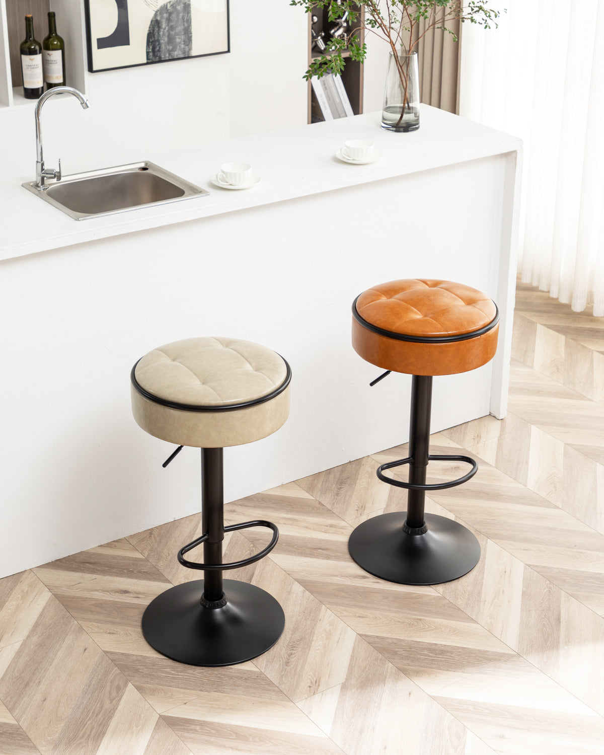 Round Storage Bar Stool Set Of 2, Brown Faux Leather Height Adjustable Barstool, 360 Counter Height Swivel Stool, Armless Bar Chair With Metal Frame For Kitchen Counter Dining Living Room Brown Set Of 2 Foam Pu Leather
