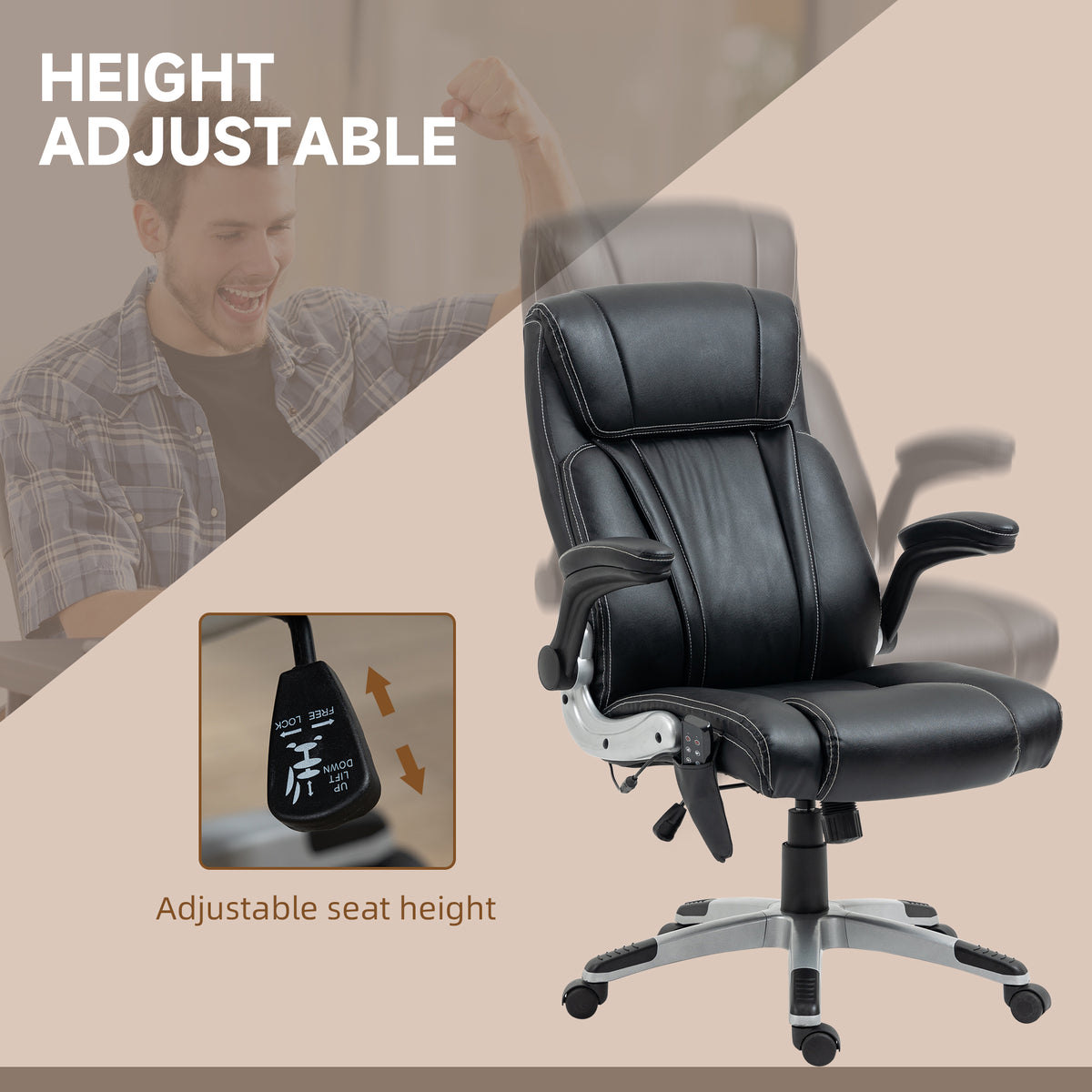 Vinsetto Executive Massage Office Chair With 6 Vibration Points, Heated Faux Leather Computer Desk Chair With Flip Up Armrest, Adjustable Height, Swivel Wheels, Black Black Leather