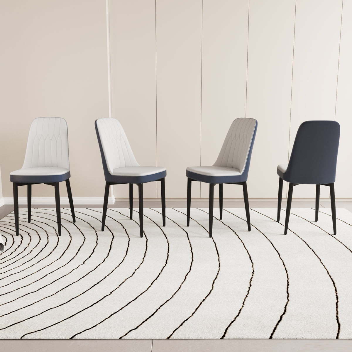 A Set Of 4 Dining Chair, Modern Style Chair Made Of High Quality Pu Leather Fabric With Thick Soft Cushions, Black Metal Leg Kitchen Chair, Dining Room Kitchen Dining Chair White And Blue Metal
