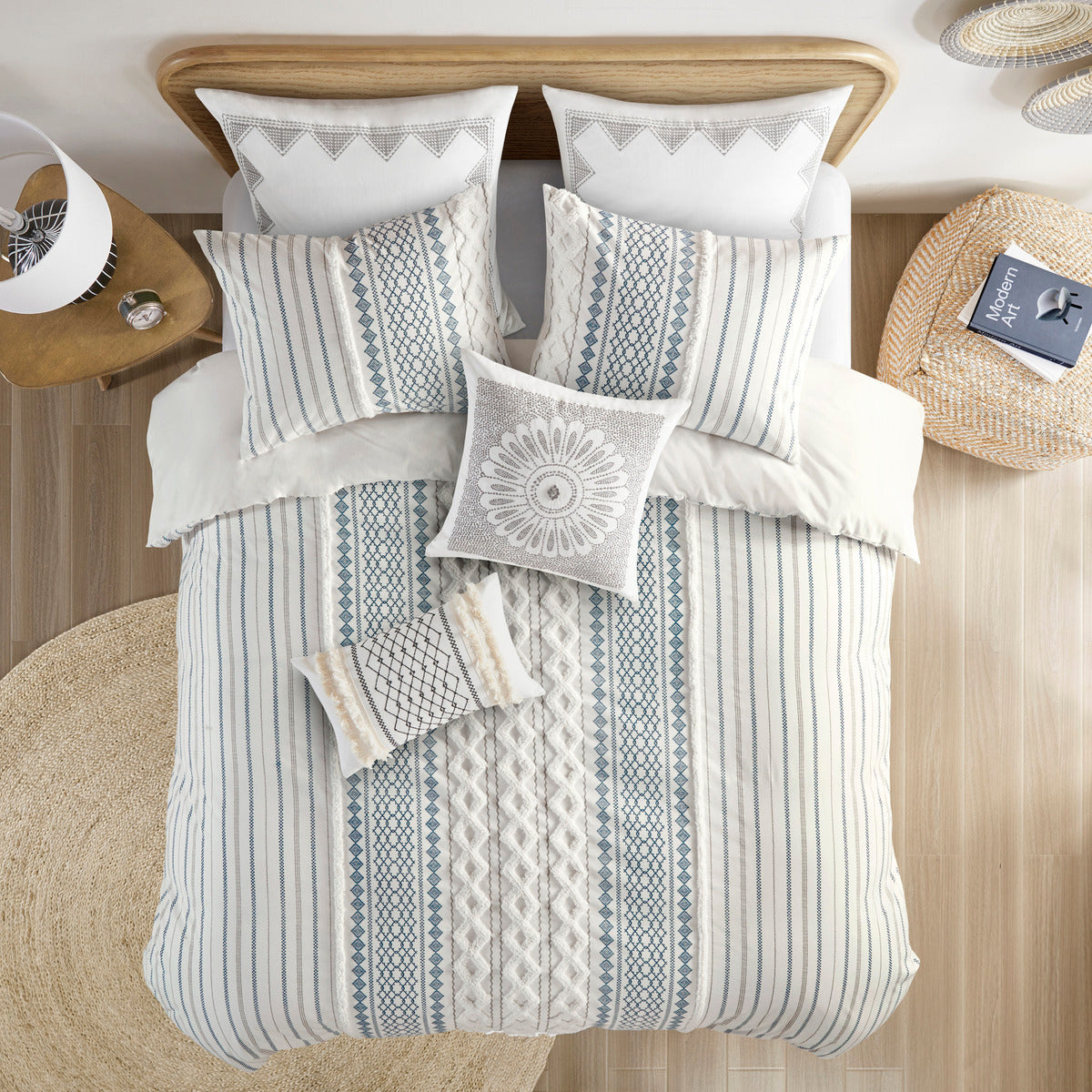 Cotton Printed Duvet Cover Set With Chenille Queen Multicolor Cotton