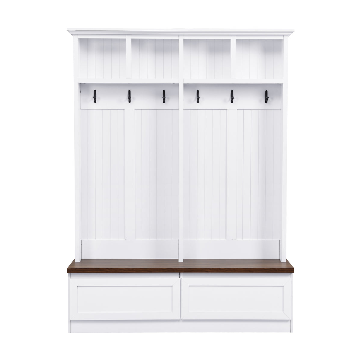 Farmhouse 4 In 1 Hall Tree With Wood Grain Bench, Mudroom Versatile Coat Rack With 2 Large Drawers, Large Entrance Organizer With 6 Black Hooks For Hallway, Living Room, White, 55.9"Wx75.6"H White
