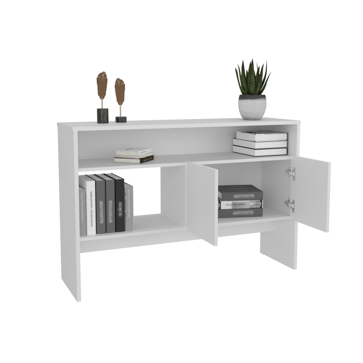 Bellagio 48.7" Wide 2 Tier Narrow Bellagio Console Table With Double Door Cabinet White Modern Particle Board