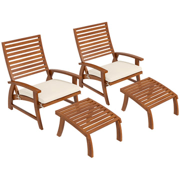 Outsunny 4 Pieces Patio Chairs With Cushion, Outdoor Dining Chairs Set Of 4, Acacia Wood Seat With Footstools, Slatted Seat & Backrest, Armrests, Cream White Natural Wood