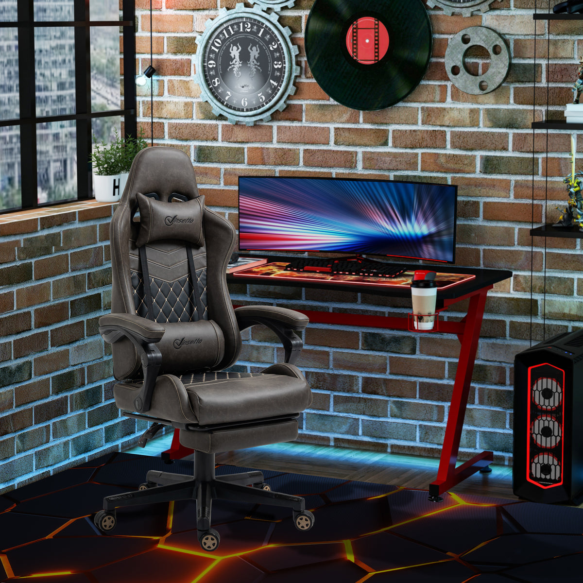 Vinsetto Racing Gaming Chair Diamond Pu Leather Office Gamer Chair High Back Swivel Recliner With Footrest, Lumbar Support, Adjustable Height, Brown Brown Pu