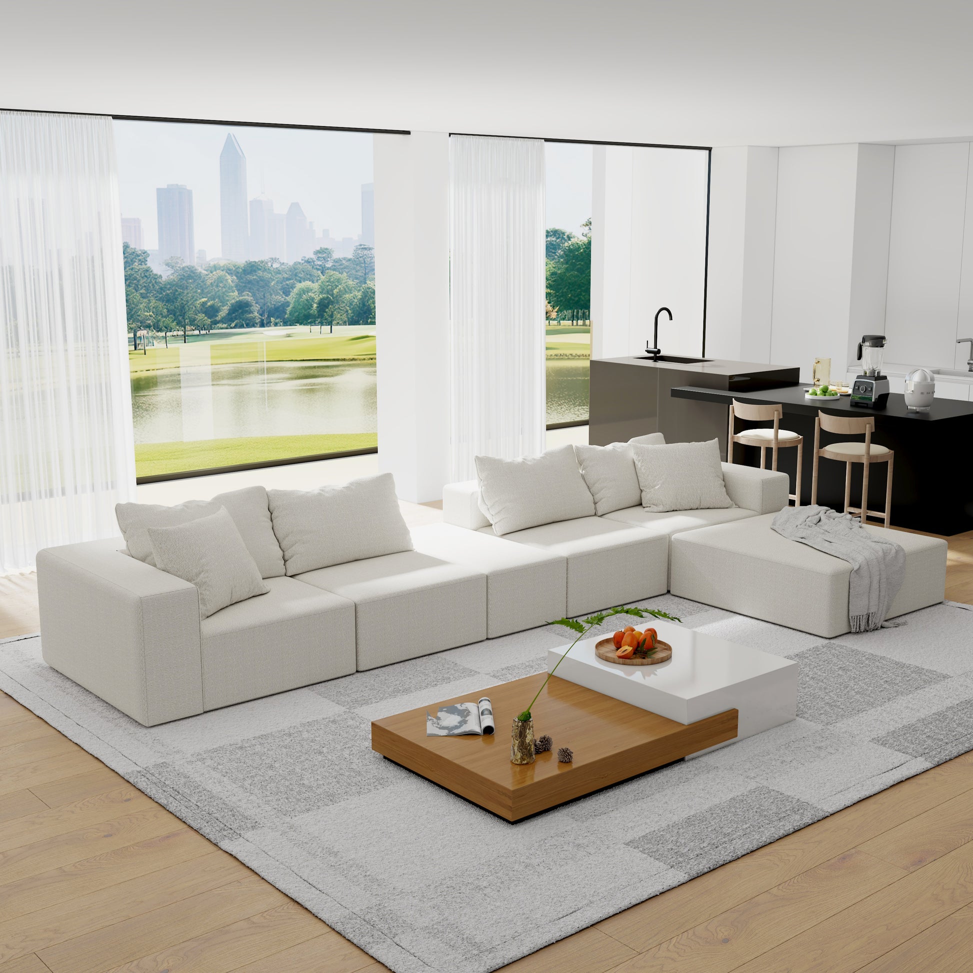 Modern Upholstered Sectional Sofa Couch Set,Modular 132" L Shaped Sectional Living Room Sofa Set With 6 Pillows,Free Combination Sofa Couch For Living Room,Bedroom Beige Foam Chenille 6 Seat