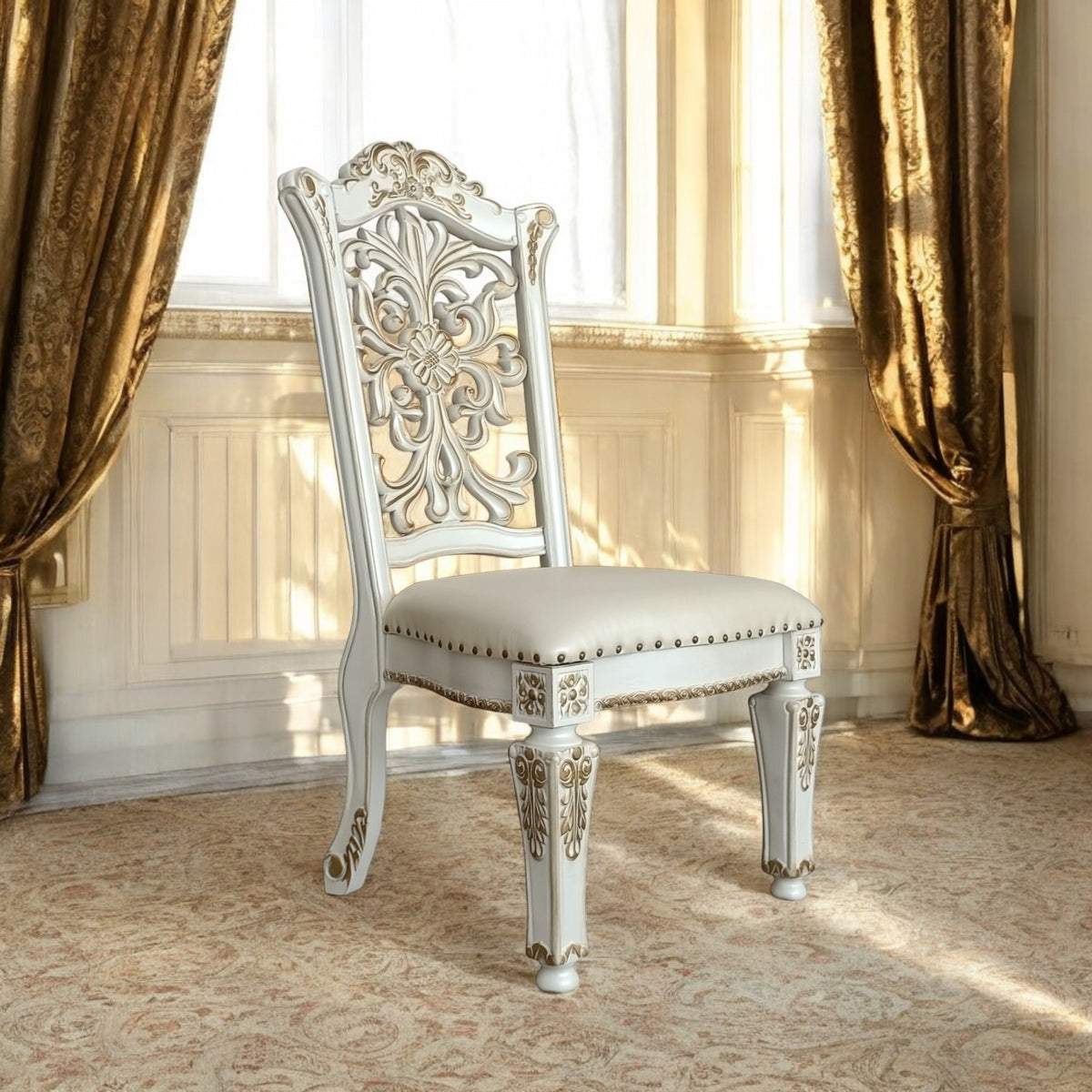 Vendome Synthetic Leather & Antique Pearl Finish Side Chair Set Of 2 Antique White Faux Leather,Synthetic Wood
