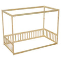 Twin Size Canopy Frame Floor Bed With Fence, Guardrails,Natural Twin Natural American Design Pine