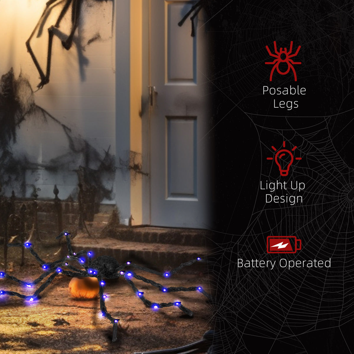 Homcom 3.25" Outdoor Halloween Decoration, Light Up Oversized Spider Halloween Prop With Light Up Bendable Legs Black Polyester