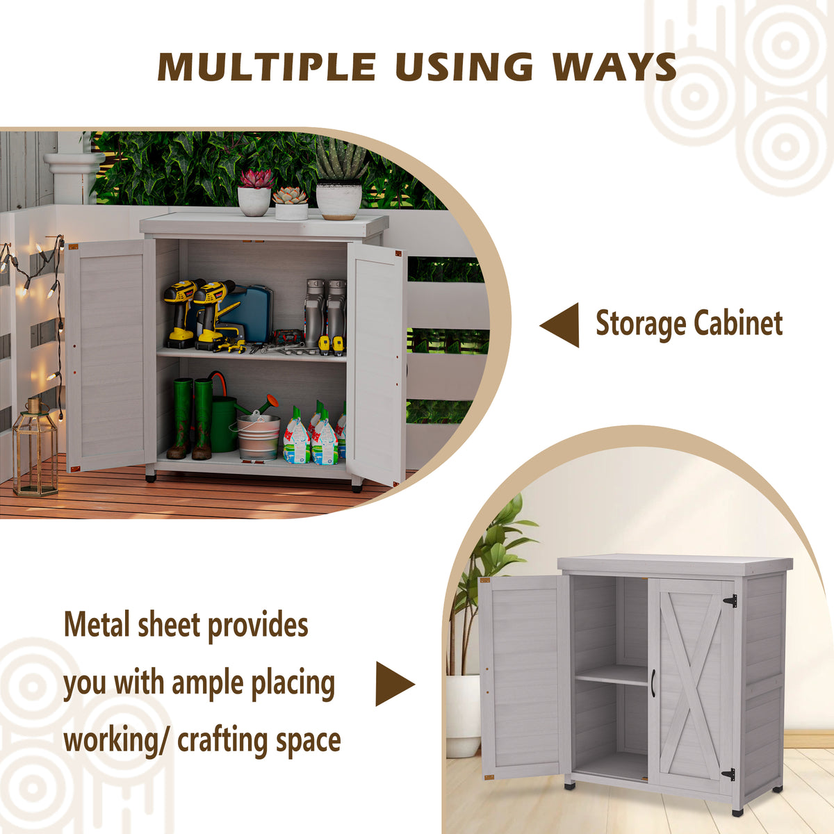 Potting Bench With Storage Cabinet And Metal Table Top For Outdoor Patio,Outdoor Work Station Table Gray Solid Wood