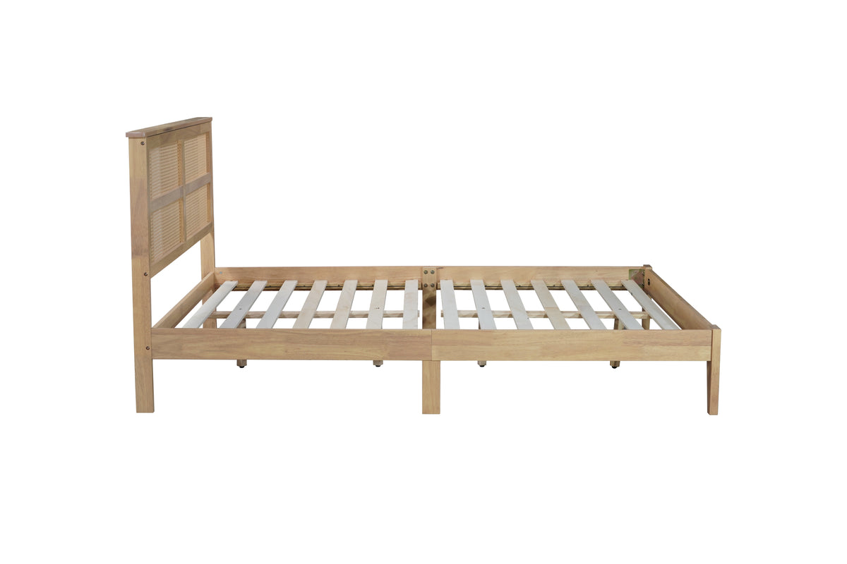 Queen Size Rubber Wooden, Solid Wooden Bed With Rattan Headboard, Enhanced By Support Feet Queen Natural American Design Rubber Wood
