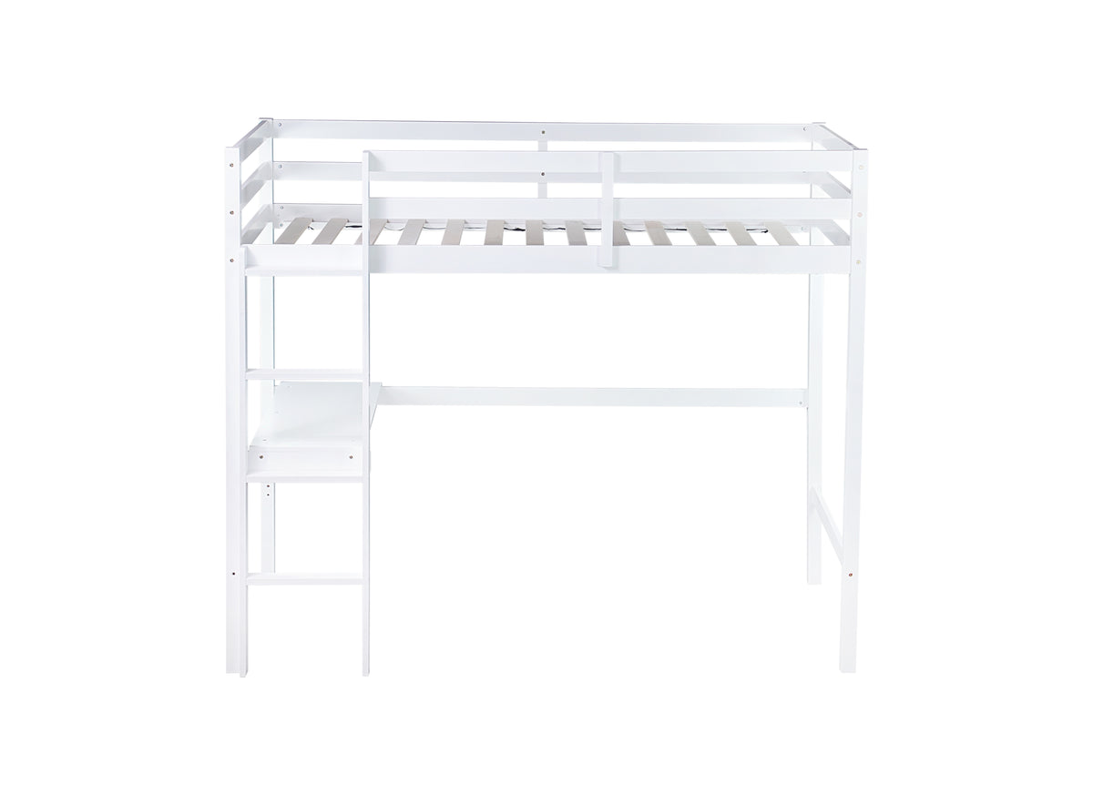 Twin High Loft Bed, Rubber Wood Loft Bed With Safety Guardrail, Built In Desk, Ladder,White Twin White Rubber Wood