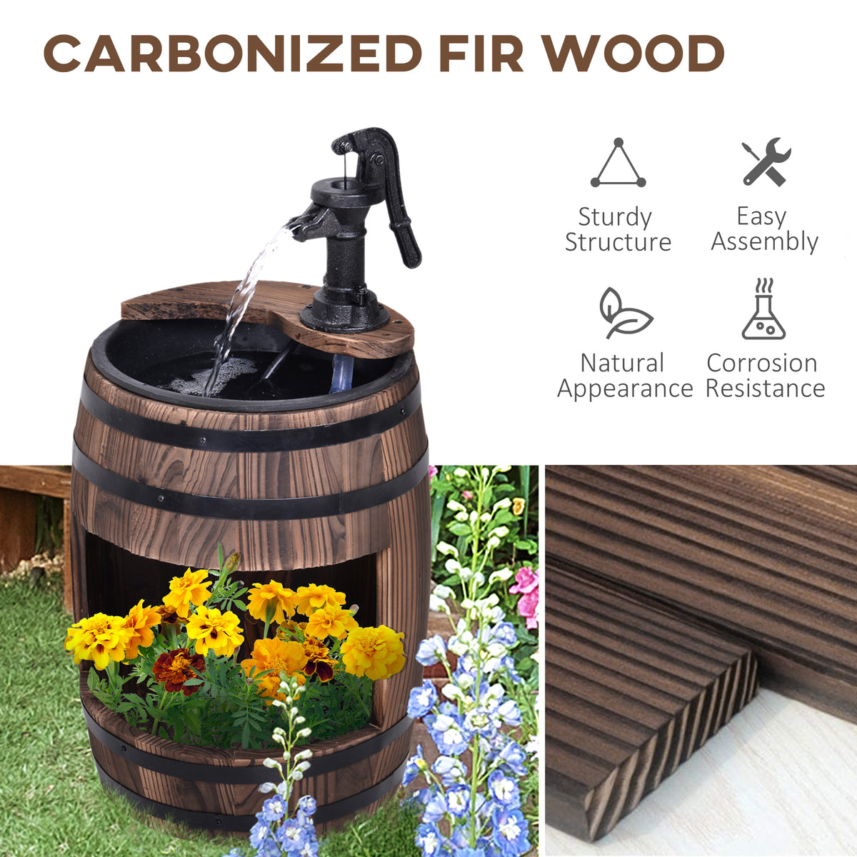 Outsunny 23" H Outdoor Water Fountain Wood And Metal Rustic Apple Barrel Pump Garden Decor For Outside Backyard Brown Wood
