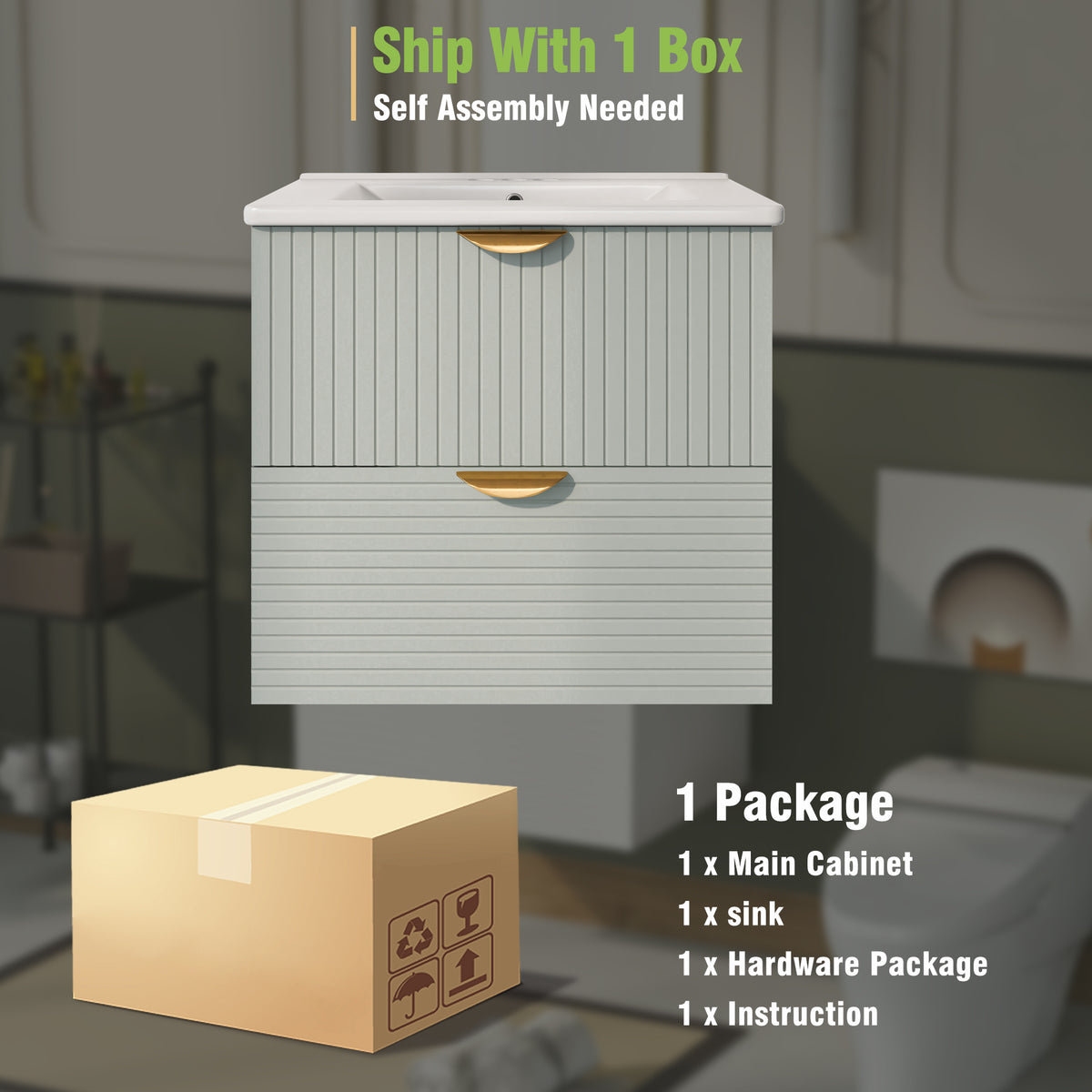 Modern 24 Inch Wall Mounted Bathroom Vanity With 2 Drawers, Green Ideal For Small Bathrooms Green Bathroom Mdf
