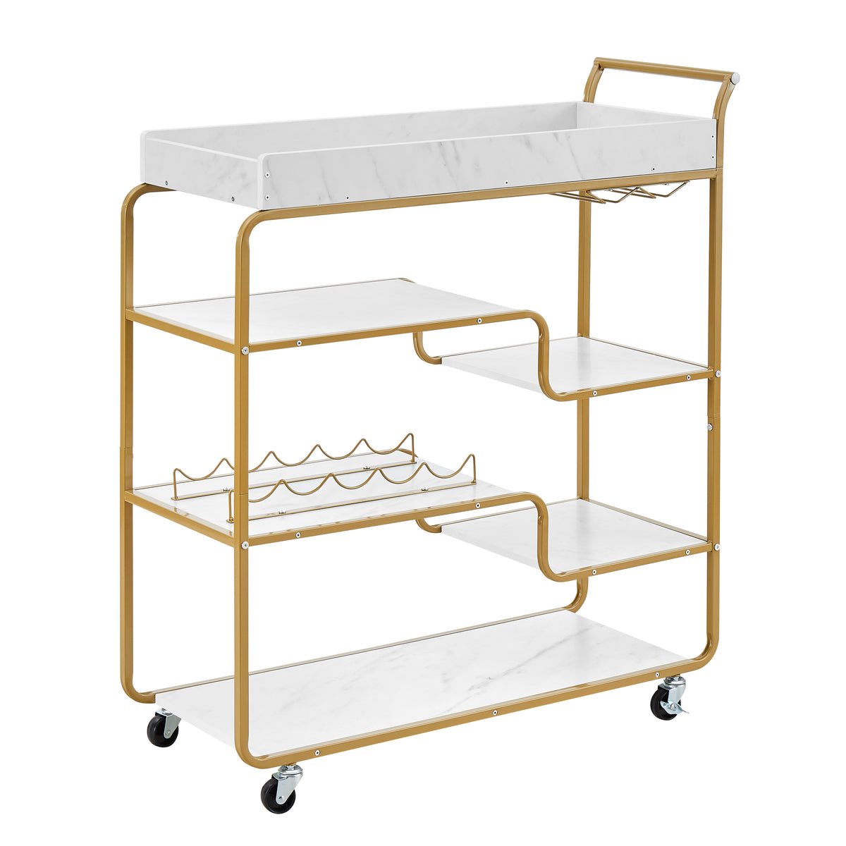 6 Tier Bar Cart, Slide Bar Serving Cart, Retro Style Wine Cart For Kitchen, Beverage Cart With Wine Rack And Glass Holder, Rolling Drink Trolley For Living Room, Dining Room Gold Metal Metal,Particle Board