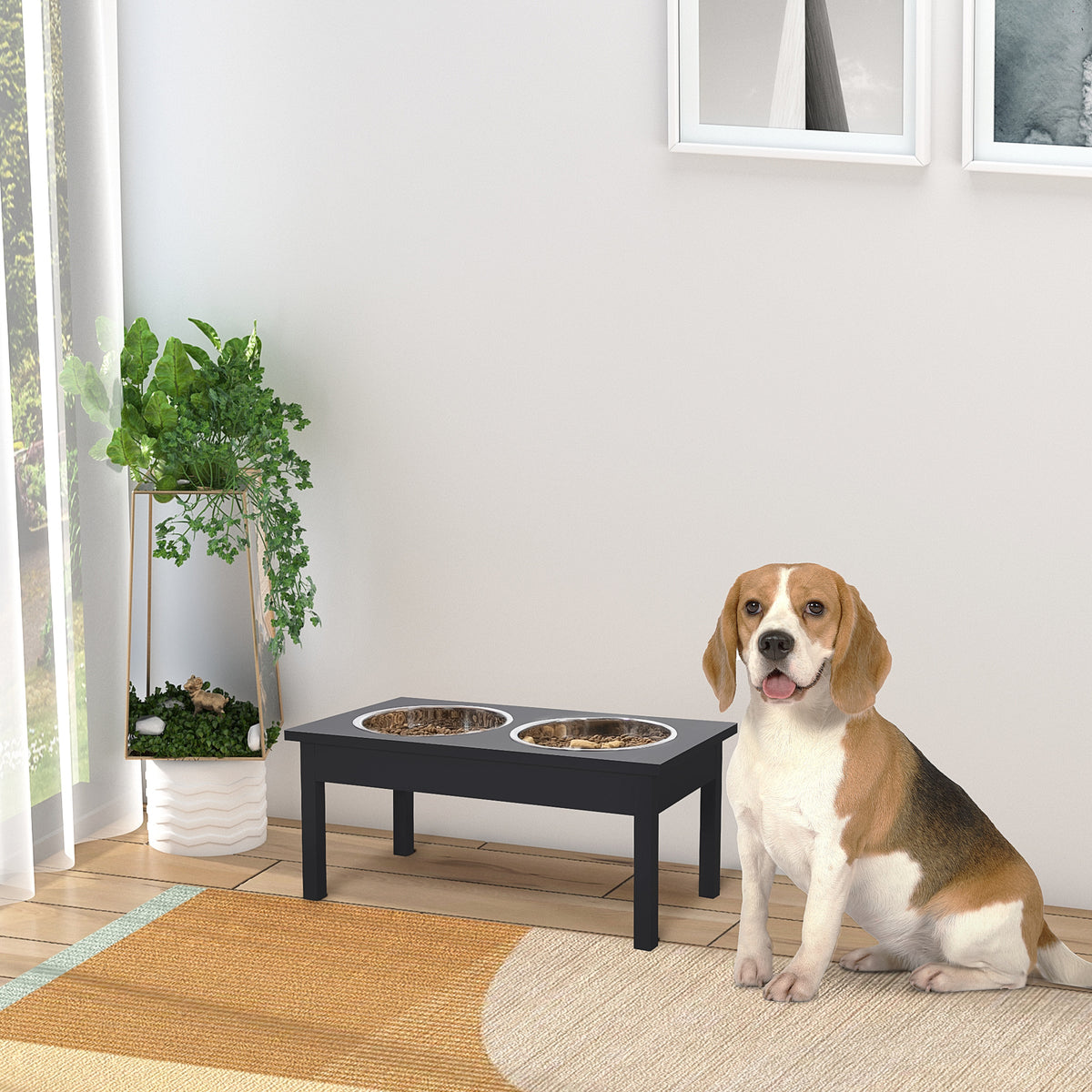 Pawhut 23" Wooden Heavy Duty Dog Food Bowls Pet Elevated Feeding Station Black Black Mdf