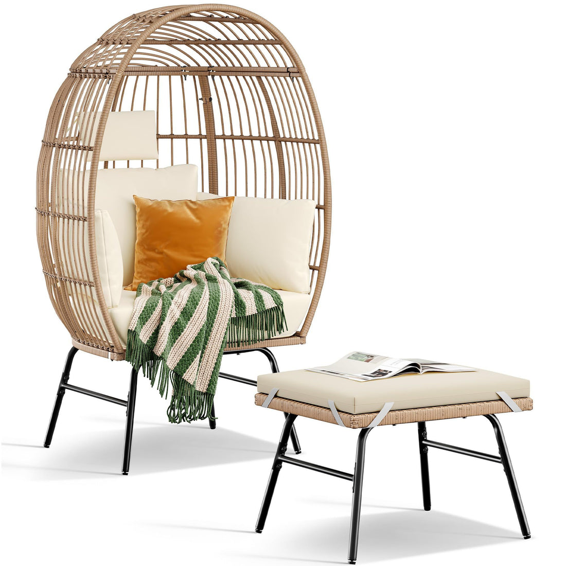 Outdoor Garden Wicker Egg Chair And Footstool Patio Chaise, With Cushions, Outdoor Indoor Basket Chair Yes White Natural Seats 2 Garden & Outdoor European,Modern Steel