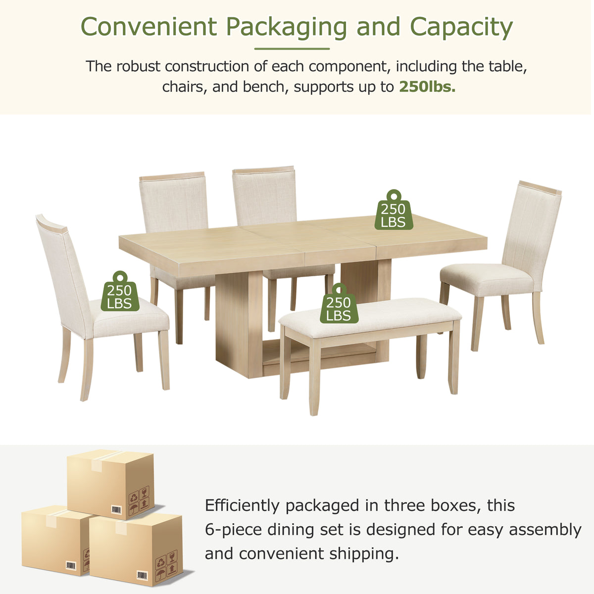 Contemporary 6 Piece 78Inch Extendable Pedestal Dining Table Set With 18Inch Removable Leaf And Dining Bench, 4 Upholstered Dining Chairs, Natural Wood Dining Room Solid Wood Rubberwood Rectangular Dining Table With Chair And Bench Upholstered Chair Wood