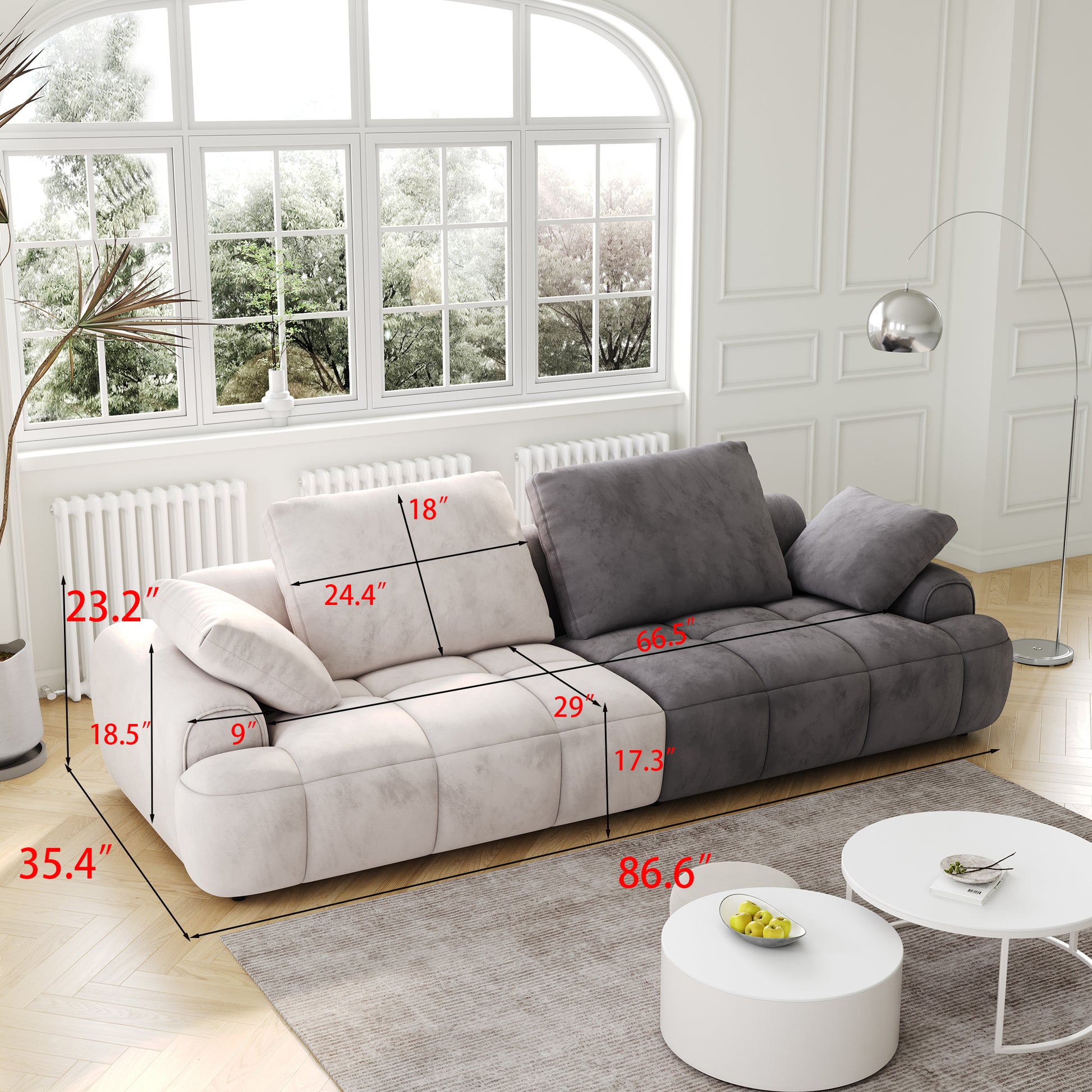 86.6 Large Size Two Seat Sofa,Modern Upholstered,Beige Paired With Grey Suede Fabric Beige Grey Velvet Wood Primary Living Space Soft Modern Eucalyptus Polyurethane Foam Eucalyptus 3 Seat