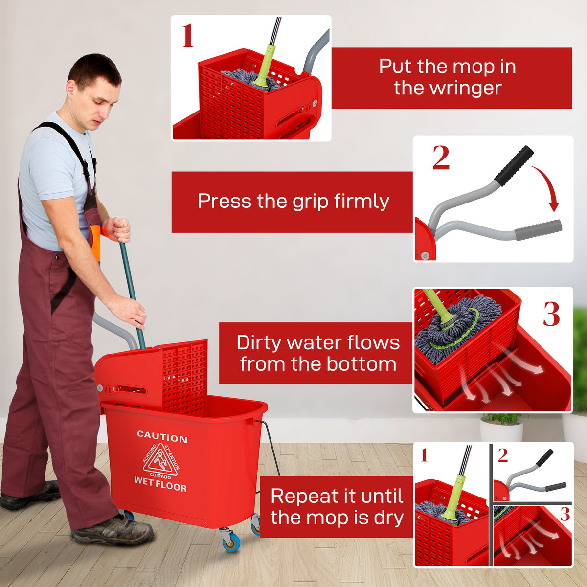 Homcom Mop Bucket With Wringer On Wheels For Floor Cleaning, 21 Quart, Separate Dirty And Clean Water, Red Red Plastic