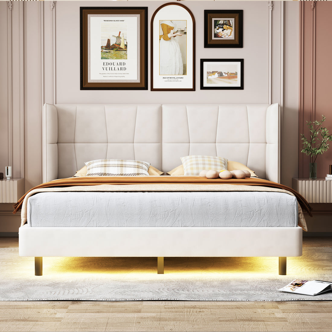Queen Size Upholstered Platform Bed With Led Lights And U Shaped Headboard, Linen Fabric, Beige Queen Beige Wood Metal