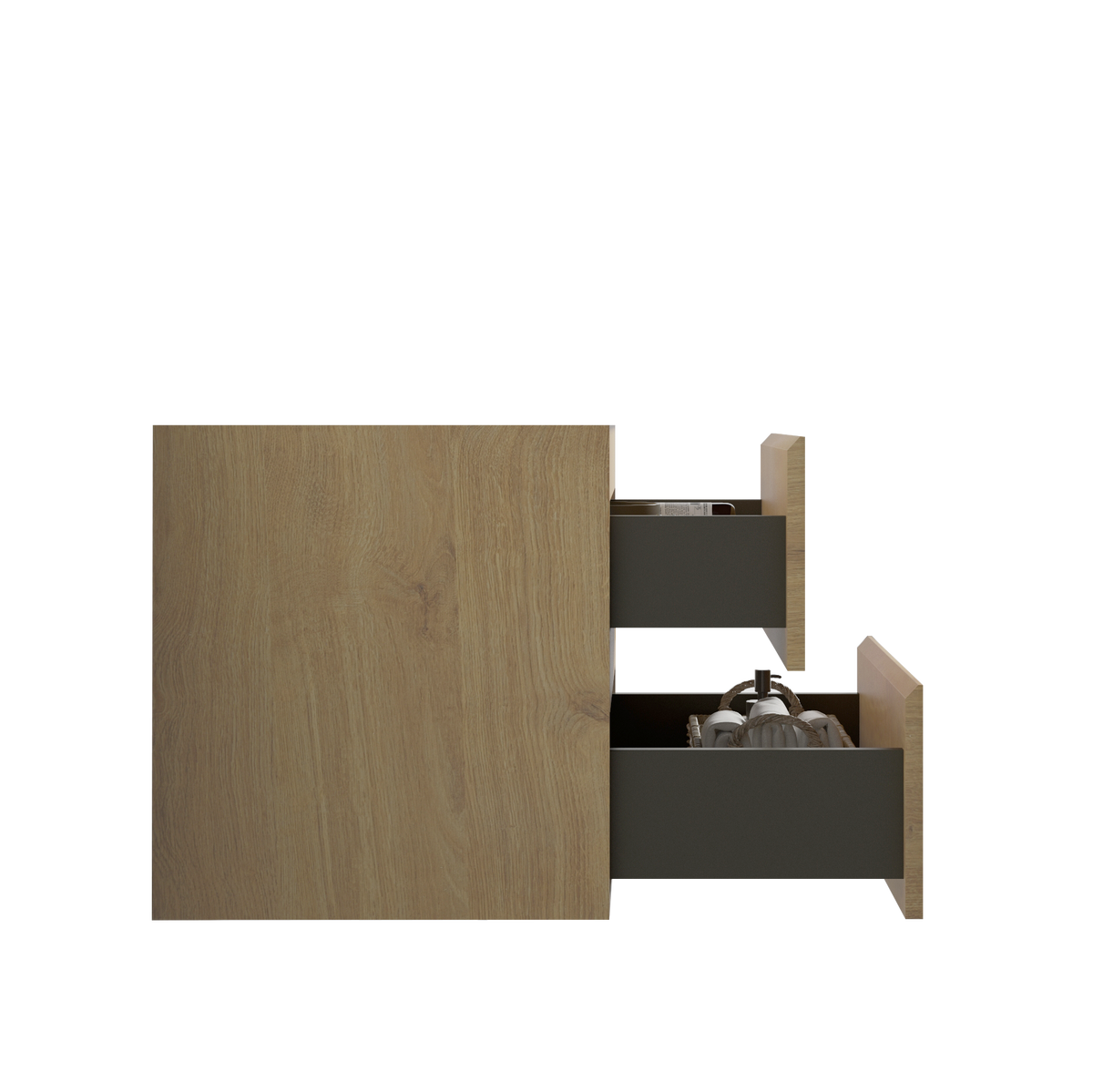 Alice24 106, Wall Mount Cabinet Without Basin, Natural Oak Color, With Two Drawers, Pre Assembled Oak Melamine