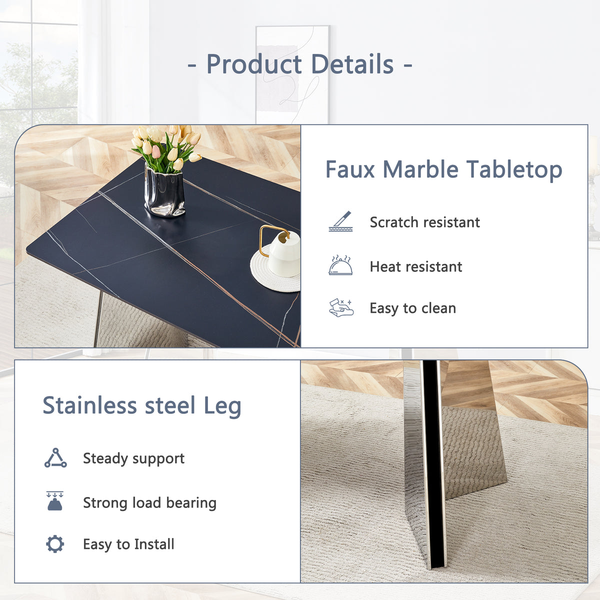 Table And Chair Set.63"X31.5X30" Black Marble Patterned Slabs Tabletop With Stainless Steel Butterfly Legs.Paried With 6 White High Quality Pu Chairs With Silver Metal Legs. White Black Seats 6