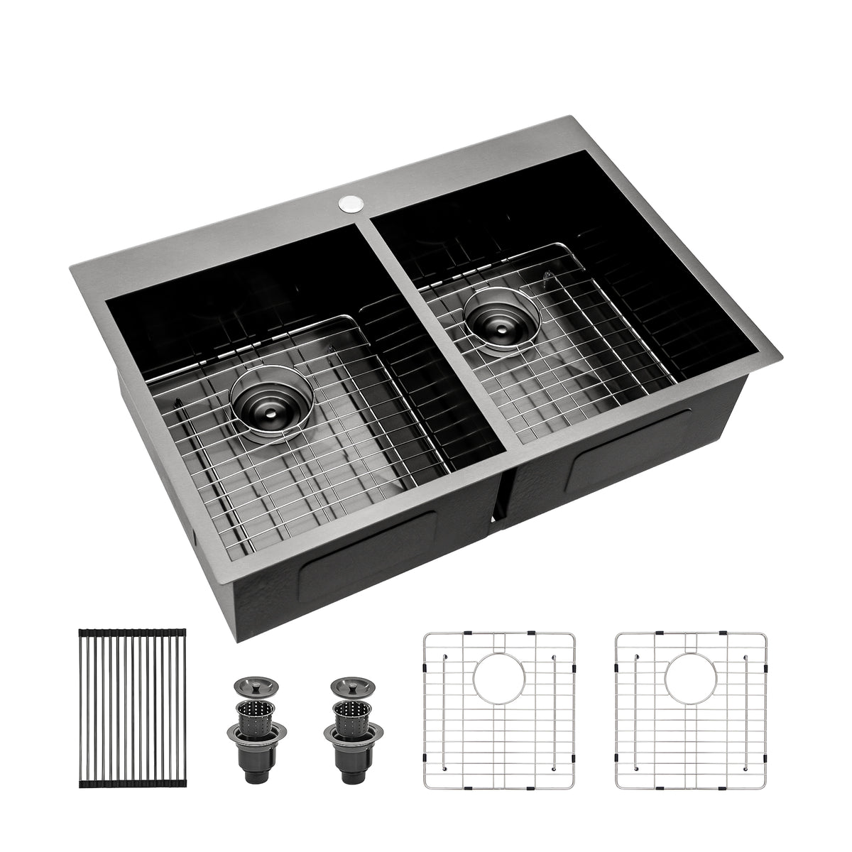 Double Bowl Drop In Sink 33"X22" Gunmetal Black Double Bowl Kitchen Sink 18 Gauge With Two 9" Deep Basin Gunmetal Black Stainless Steel