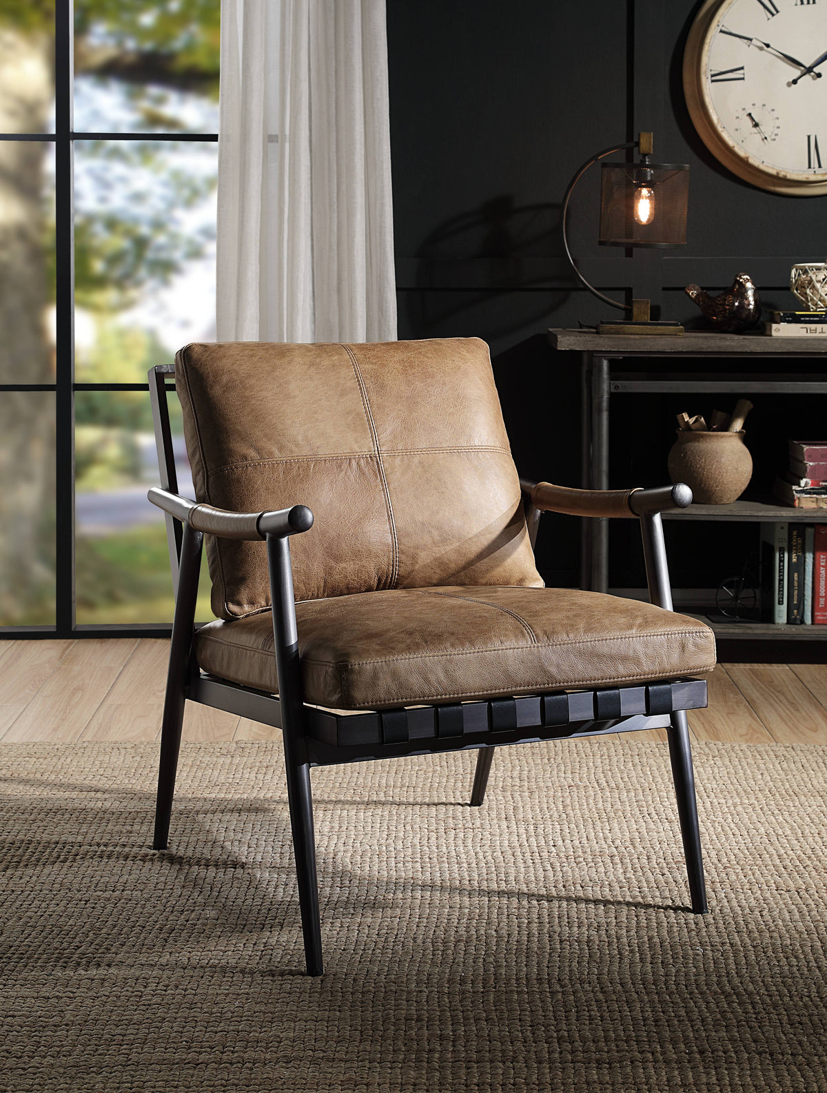 Berham Chestnut And Matt Iron Accent Chair With Metal Leg Chestnut Primary Living Space Genuine Leather