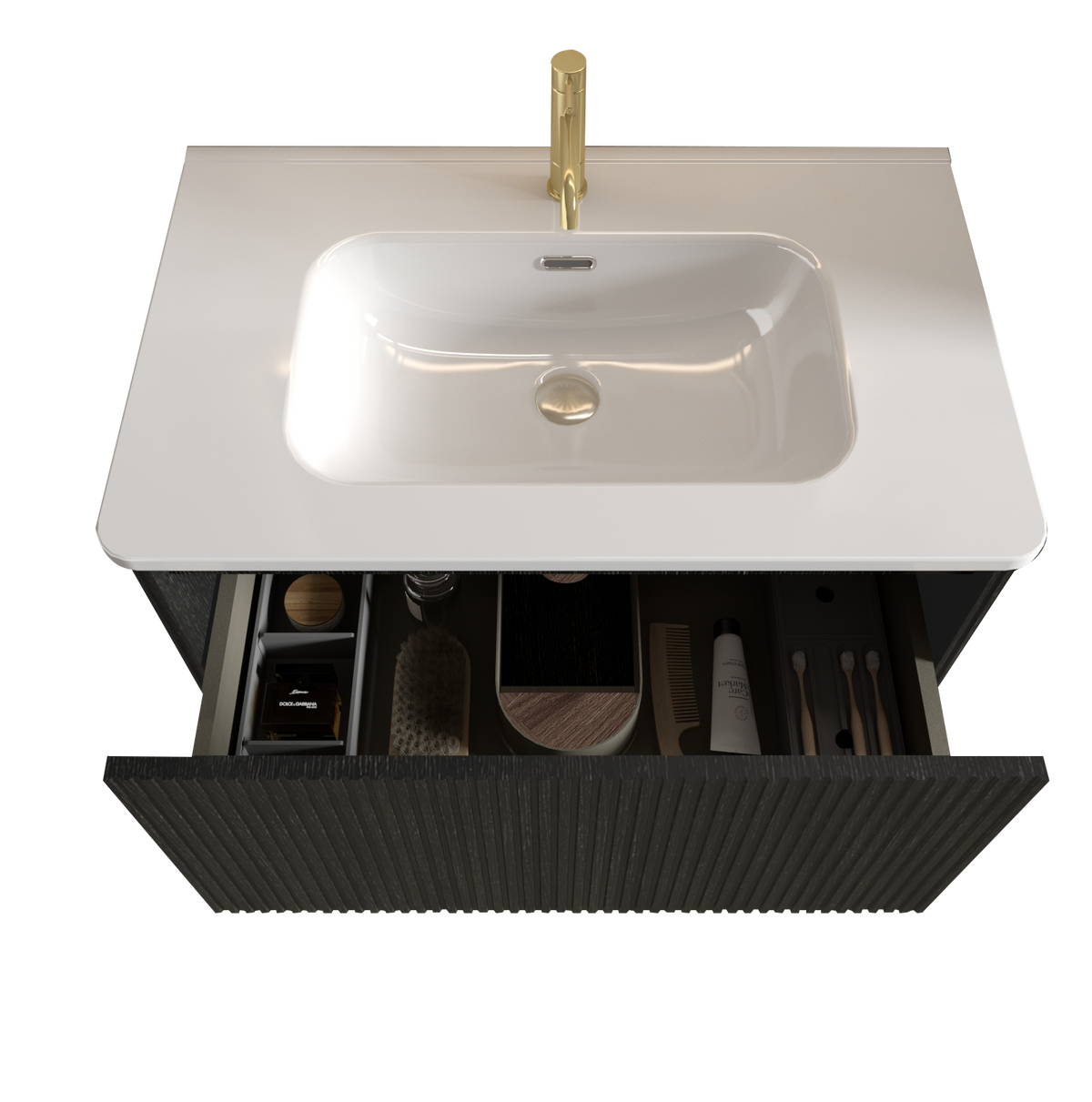 U057 Etna30W 308 Etna 30" Striped Brushed Black Oak Floating Bathroom Vanity With White Ceramic Sink, Bathroom Vanity For Modern Bathroom, One Piece White Basin Without Drain, Pre Assembled Black