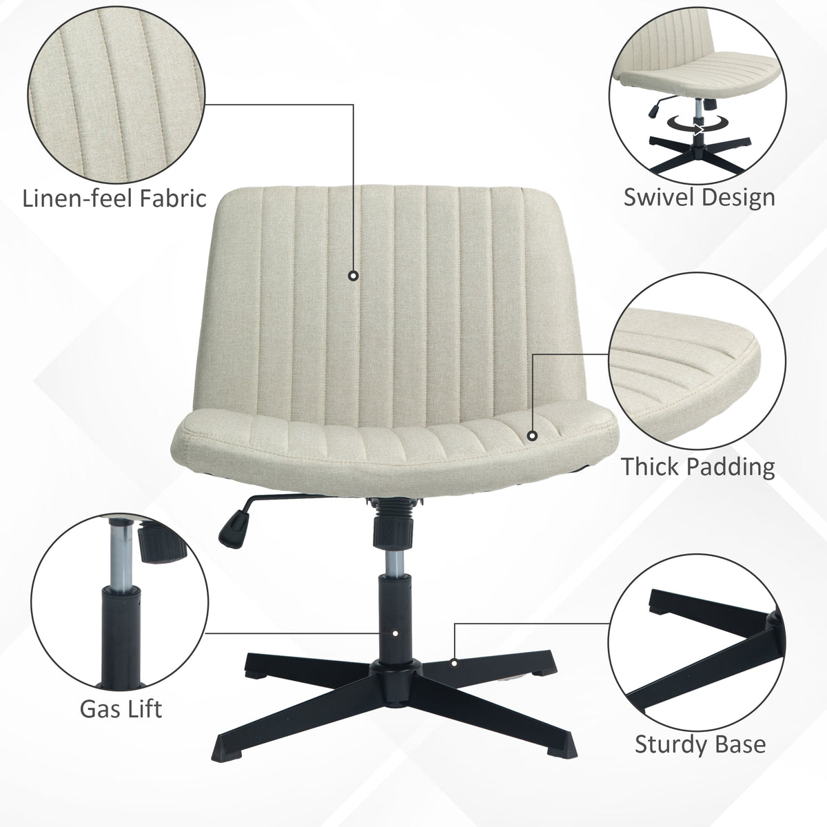 Homcom Wide Office Chair, Armless Office Desk Chair, Computer Fabric Vanity Chair With Adjustable Height, Beige Beige Polyester