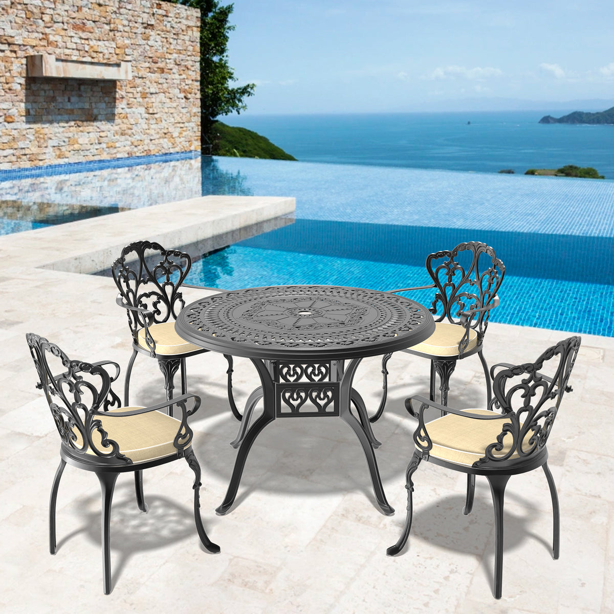 Cushions In Random Colors 5 Piece Set Of Cast Aluminum Patio Furniture With Cushions Yes Dining Set Black Blue Seats 4 Rust Resistant Frame Water Resistant Cushion Garden & Outdoor Complete Patio Sets Aluminium
