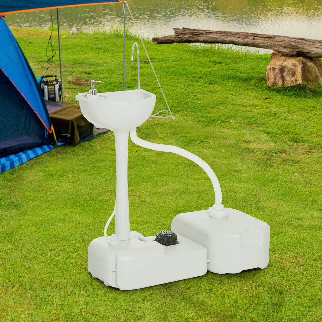 Kleankin Portable Camping Sink, Handwashing Station Basin With 4.5 Gallon Tank, 6.3 Gallon Recovery Tank, Rolling Wheels & Soap Dispenser For Rv, Outdoor Events, Gatherings, Hdpe, White Grey Plastic
