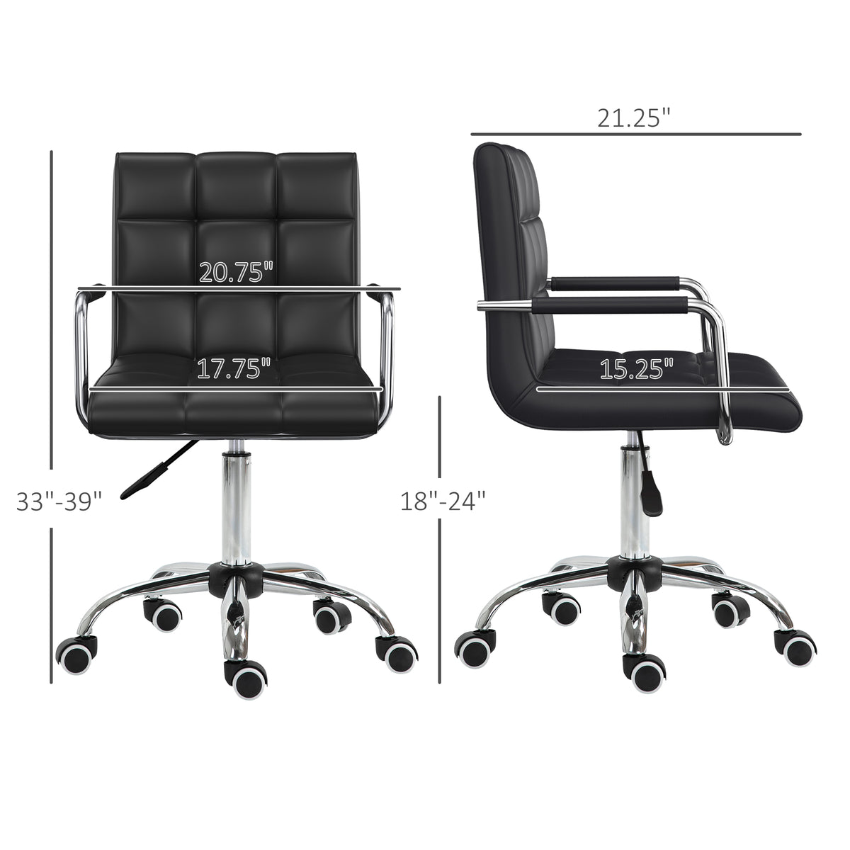 Homcom Home Office Chair, Modern Computer Desk Chair, Task Chair With Upholstered Pu Leather, Adjustable Height, Swivel Wheels, Black Black Faux Leather