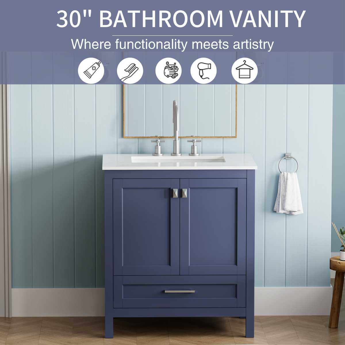 30 Inch Freestanding Bathroom Vanity With Sink, Carrara Engineered Marble Vanity Top With Undermounted Rectangular Ceramic Sink, Large Storage Soft Close Door, Navy Blue 24V03 30Nb Navy Blue Wood