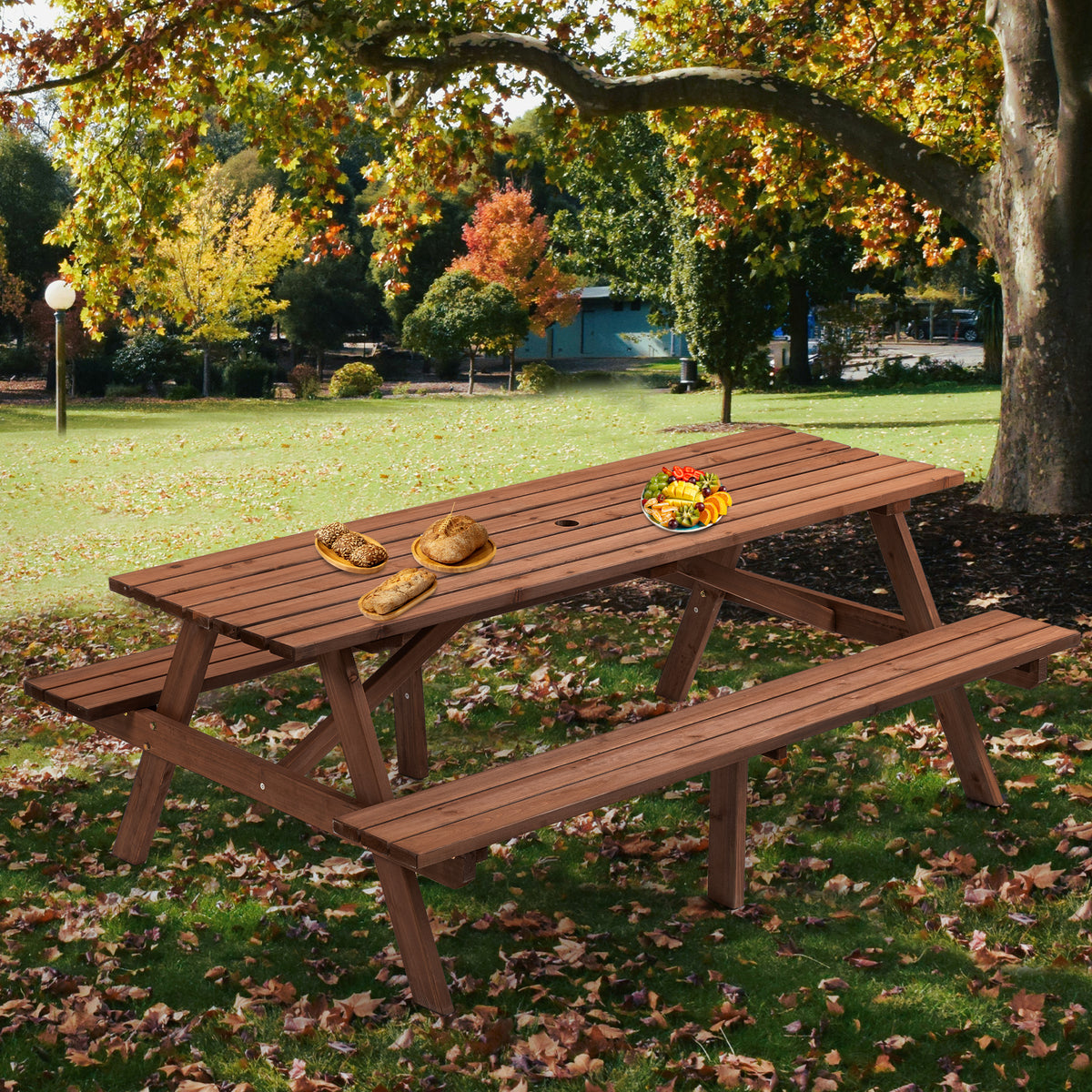 8 Person Brown Wooden Picnic Table, Outdoor Camping Dining Table With 2 Seats, Garden, Diy With 2 Built In Benches, 2220Lb Capacity Brown Wood