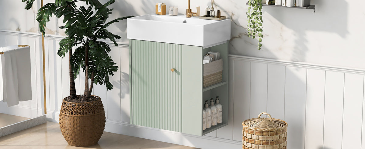 Video 21.6 Inch Modern Floating Bathroom Vanity With Ceramic Basin Perfect For Small Bathrooms, Right Side Storage Green Bathroom Ceramic Mdf