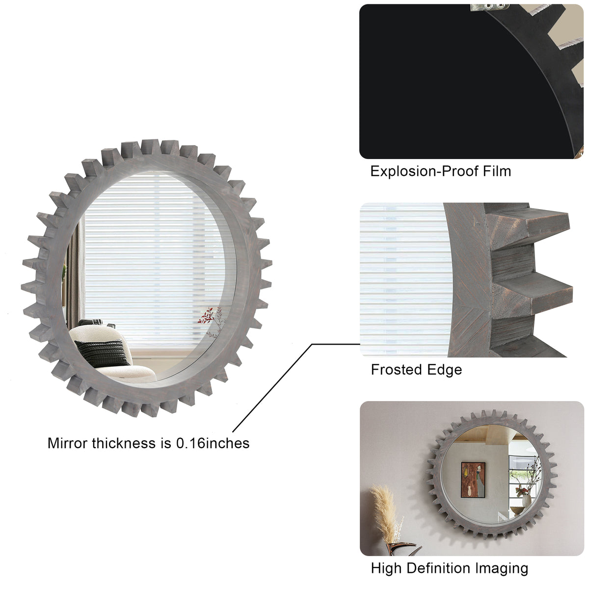 Vintage 17'' X 17'' Wood Round Hanging Gear Shape Decorative Mirror Patchwork Effect With Large Size Mirrors Individually On Art Walls,Sold Individually Antique White Washed White Washed American Design Solid Wood Mdf Mirror
