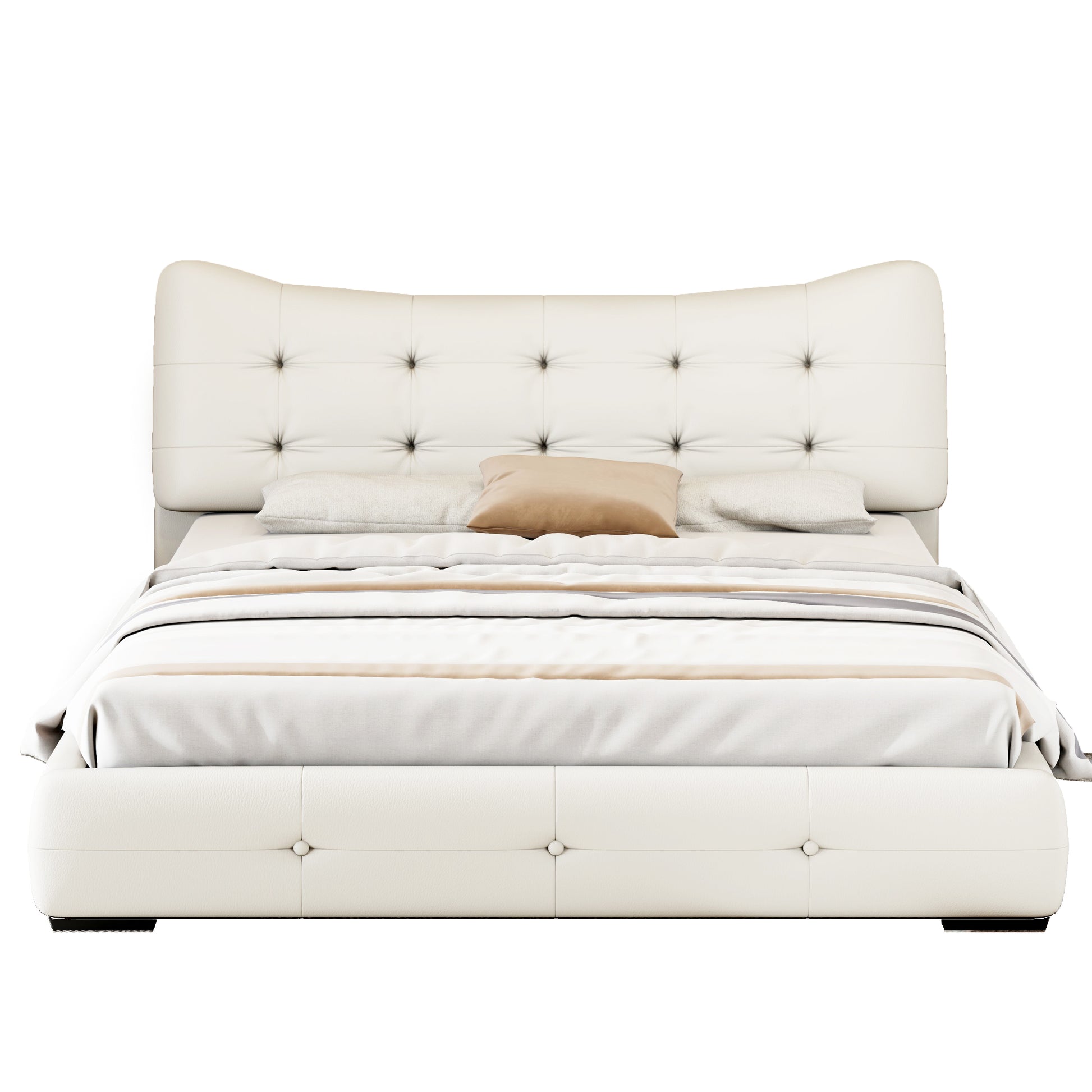 Modern Pu Upholstered Queen Bed With Ergonomic Wingback Headboard, No Box Spring Needed, Cream Box Spring Not Required Queen Cream Composite Bedroom Contemporary Bed Frame Pu,Upholstered