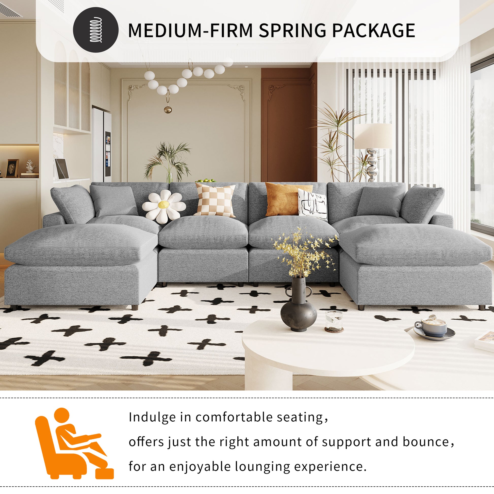 Modern Large U Shape Sectional Sofa, 2 Large Chaise With Removable Ottomans For Living Room Grey Polyester Primary Living Space Pillow Back American Design Polyester 6 Seat