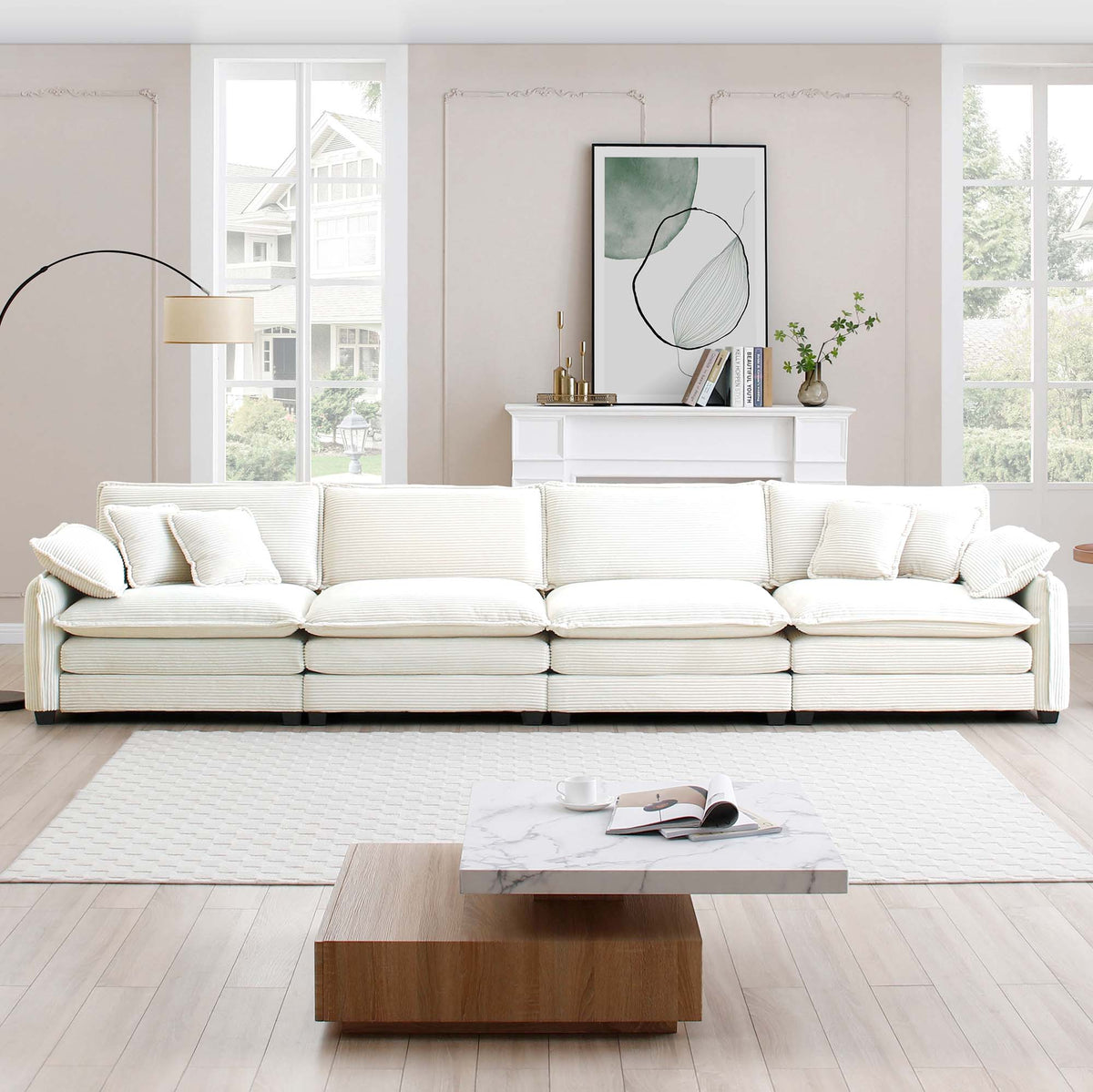 Corduroy Sofamodern Upholstered 4 Seater Corduroy Fabric Sofaoffice Living Room Apartment Comfortable Sofa, Easy To Assemble With 2 Arm Pillows And 4 Throw Pillows Beige Corduroy 4 Seat