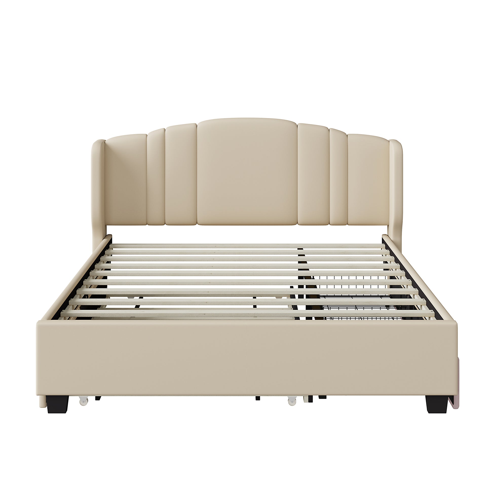 Upholstered Platform Bed With Wingback Headboard, One Twin Trundle And 2 Drawers, No Box Spring Needed, Linen Fabric, Queen Size, Beige Beige Linen
