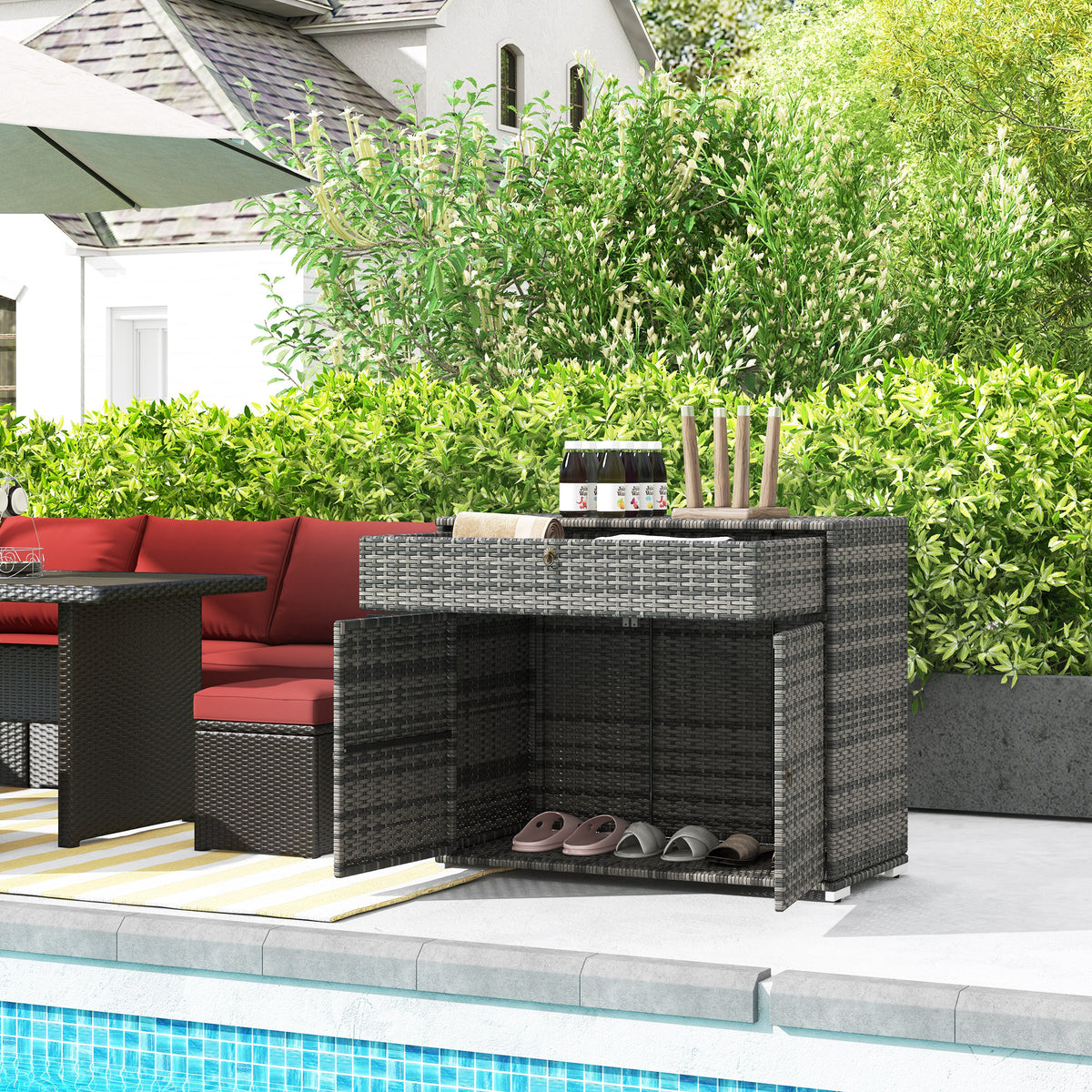 Outsunny Outdoor Towel Rack & Pool Toy Cabinet, Hot Tub Accessory Storage, Freestanding Pe Rattan Wicker Cabinet With Drawer For Indoor, Outdoor Swimming Pool, Spa, Gray Grey Steel