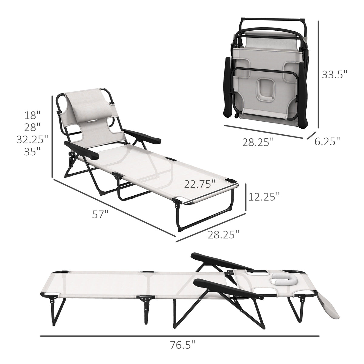 Outsunny Tanning Chaise Lounge Chair, 4 Position Beach Chair With Face & Arm Holes, Pillow Headrest, Adjustable Sunbathing Chair, Cream White Cream White Steel
