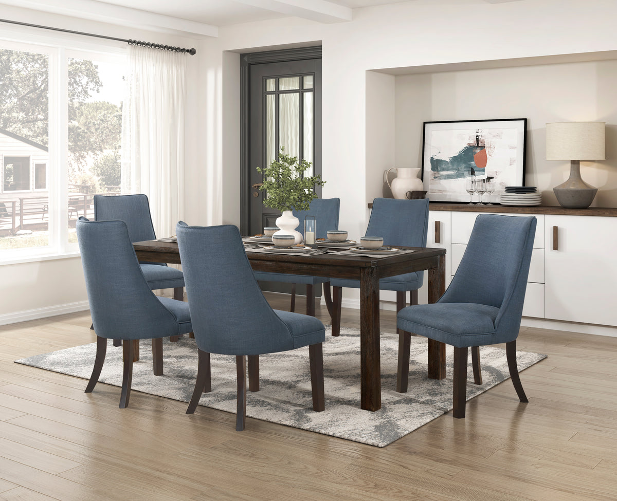Blue Textured Fabric Upholstered Side Chairs Set Of 2, Dark Walnut Finish Wooden Legs Modern Dining Kitchen Furniture Blue Gray Dining Room Modern Side Chair Wood