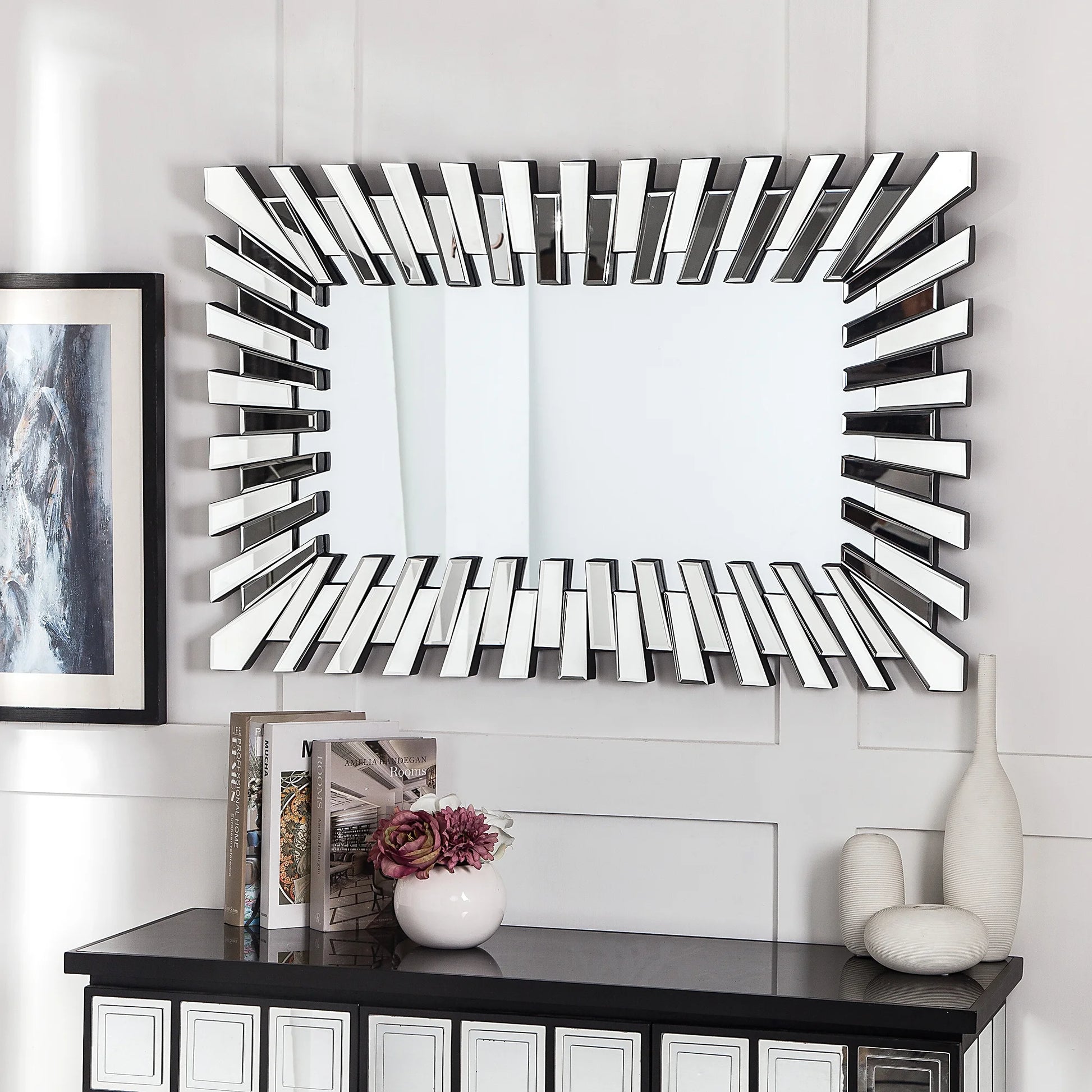 Wall Mirror Decor Sunburst Rectangle Mirrrors Silver Modern Mirror For Home Decor Silver Art Deco,Modern Mdf Glass,Mirror