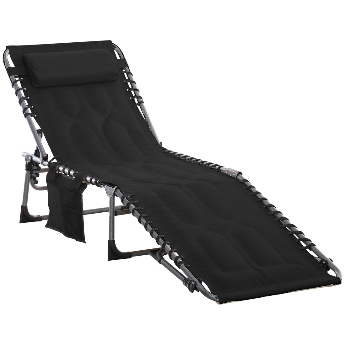Outsunny Padded Folding Chaise Lounge Chair, Outdoor 6 Level Reclining Camping Tanning Chair With Headrest For Beach, Yard, Patio, Pool, Black Black Steel