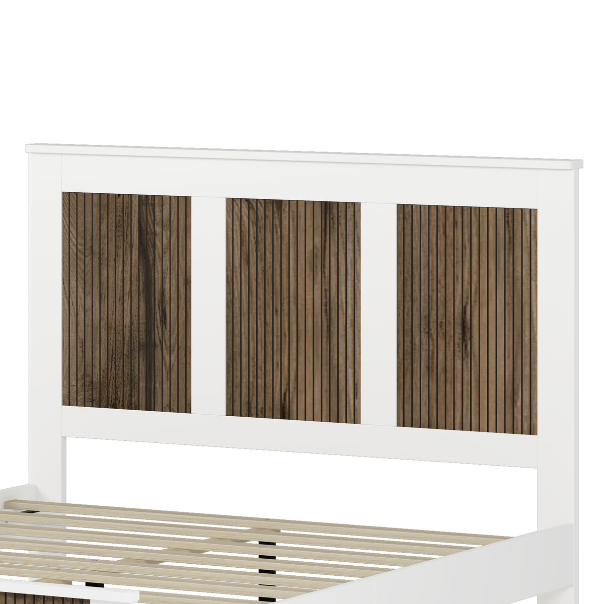 Farmhouse Wooden Platform Queen Size Bed, Modern Platform Bed With Wooden Strip Decoration, Plywood Slats Support, White Queen White Particle Board