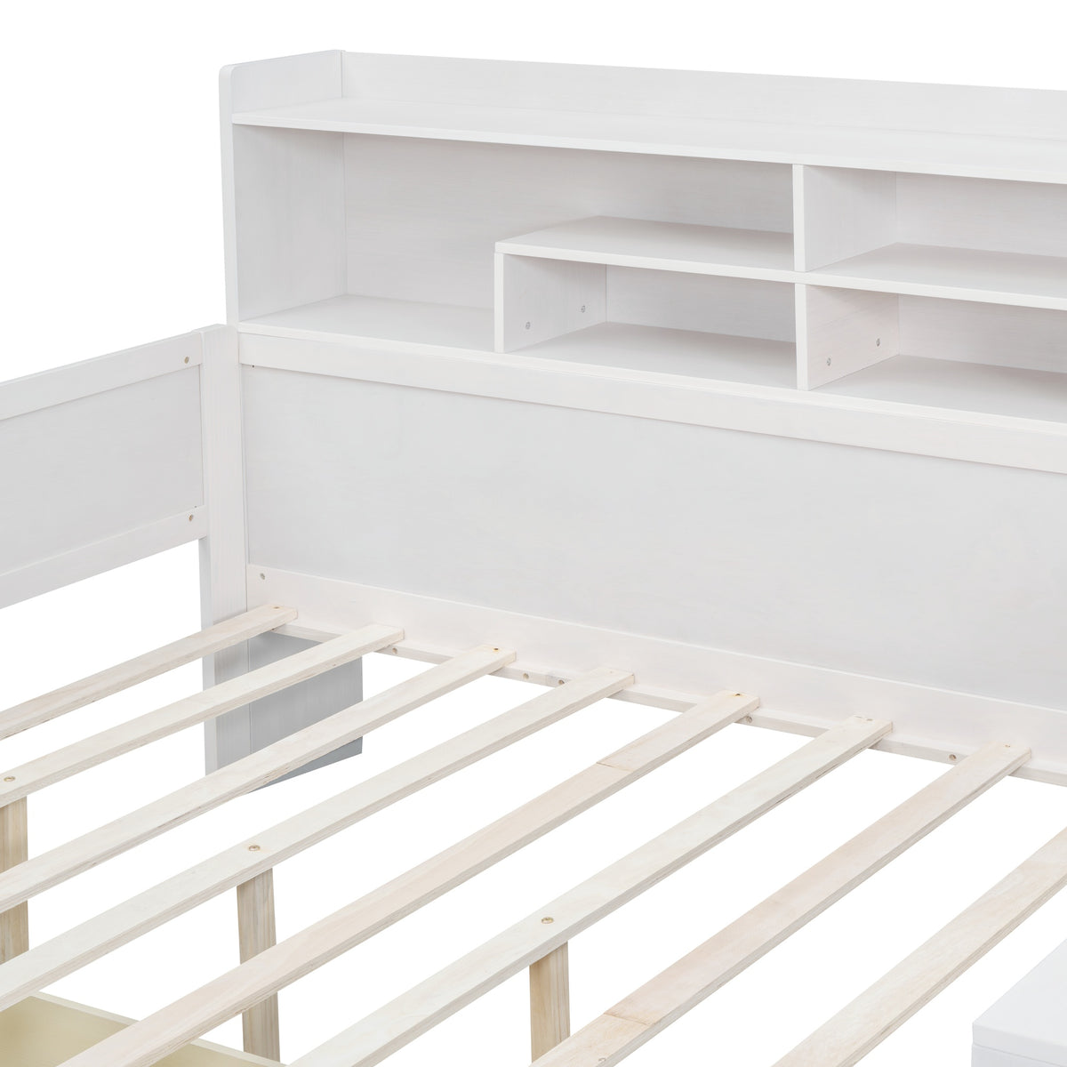 Wooden Full Size Daybed With Storage Shelves, Multi Functional Bed With Two Storage Drawers And Study Desk, Antique White Old Sku: Hl000089Aak Full Antique White Wood