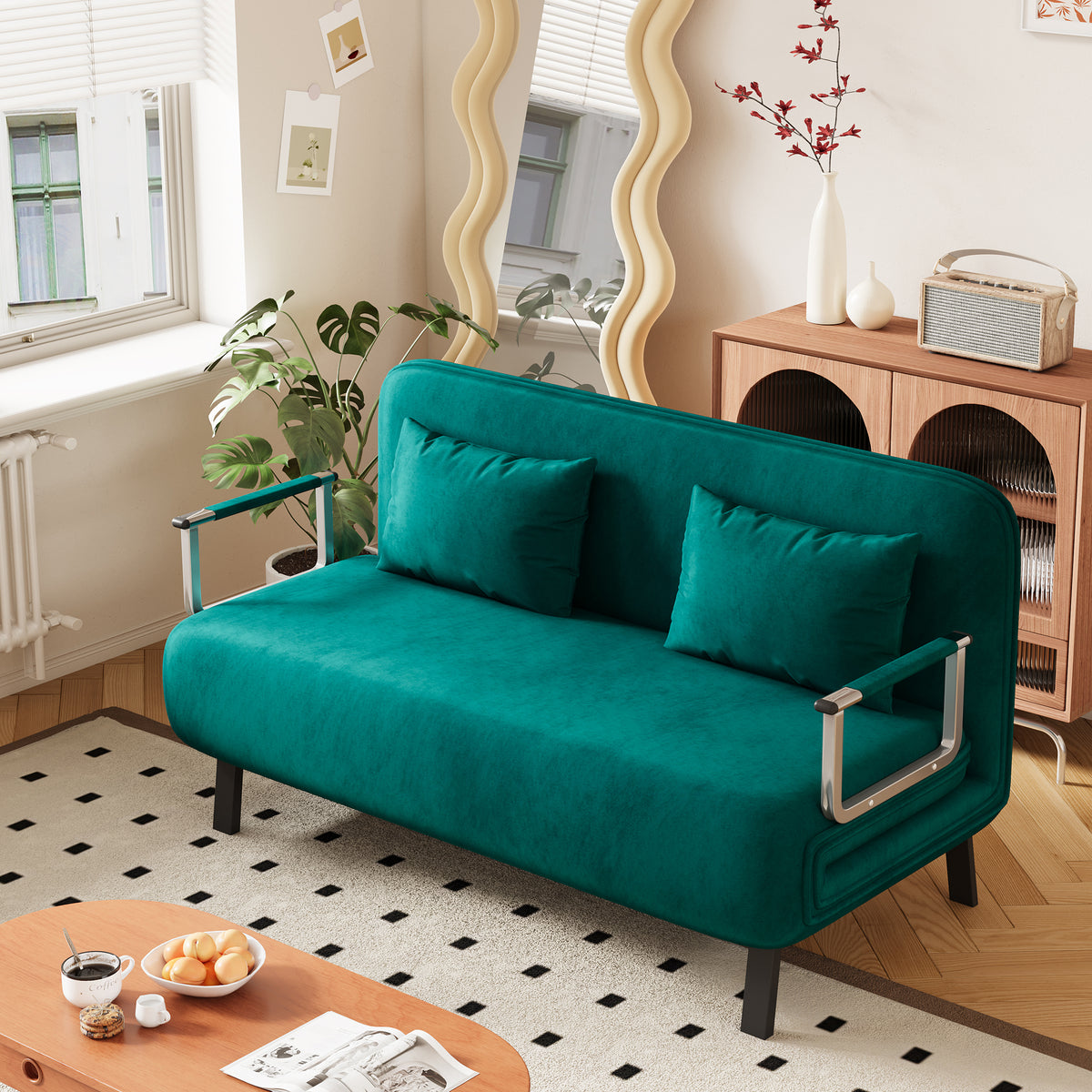 Velvet Antique Green 55 Convertible Chair Bed, Tri Fold Sofa Bed With Adjustable Backrest & Pillow, Leisure Chaise Lounge Couch With Sturdy Steel Frame For Home & Office, Comfortable Sleeper Chair Antique Green Velvet Metal Primary Living Space Medium