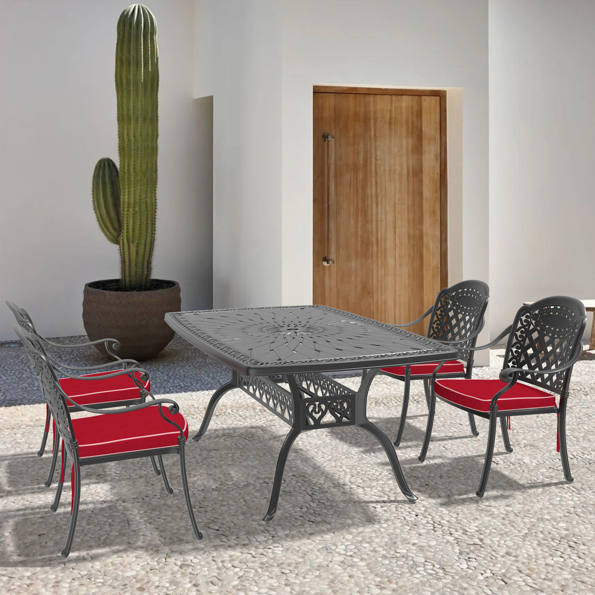 Cushions In Random Colors 5 Piece Set Of Cast Aluminum Patio Furniture With Cushions Yes Dining Set Black Seats 4 Rust Resistant Frame Water Resistant Cushion Garden & Outdoor Complete Patio Sets Aluminium